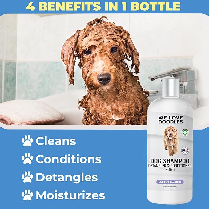 We Love Doodles Dog Shampoo, Conditioner, & Detangler - Shampoo for Dogs, Goldendoodles, Poodles & Doodles, for Matted Pet Hair & Sensitive Skin, Made in The USA, Lavender, 16 oz