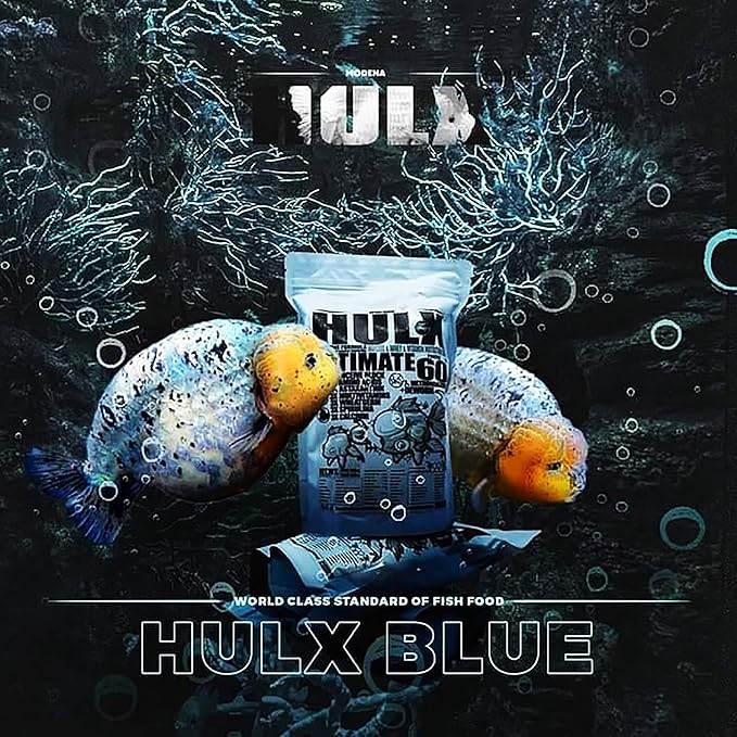 HULX Blue Goldfish Food Sinking Pellets for Big Muscle & Mass Weight Gain, Whey Mixed High Protein 60% Fish Food Growth Fast Formula 600 Gram. 1mm, Healthy, Color Enhancing Clear Water Fish Feed