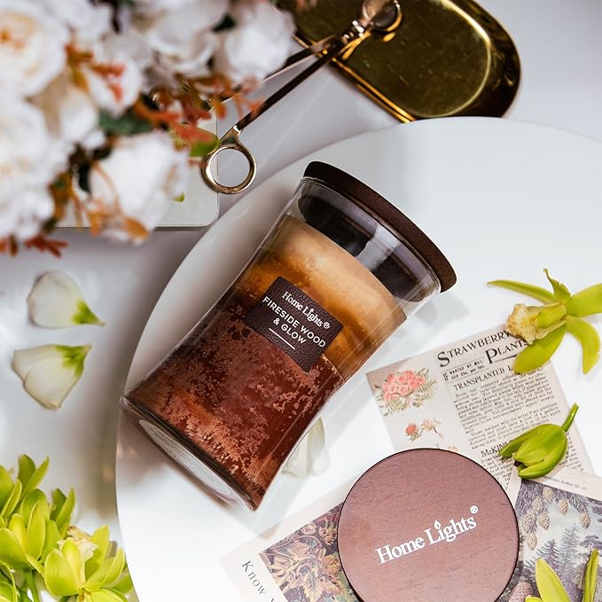 HomeLights 3-Layer Candles for Home Scented, 21.52 OZ Natural Soy Wax Scented Candles Burns Up to 100 Hours, Large Jar, Fireside Wood & Glow