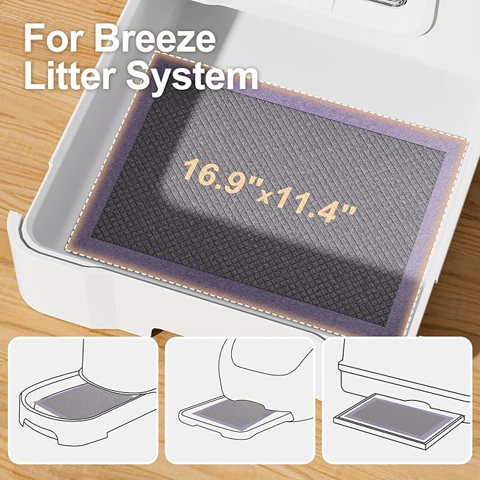 Cat Pad Refills for Litter Box, 16.9"x11.4" Odor Control Cat Pee Pads with Activated Carbon for Breeze Litter System(50Counts/Purple)