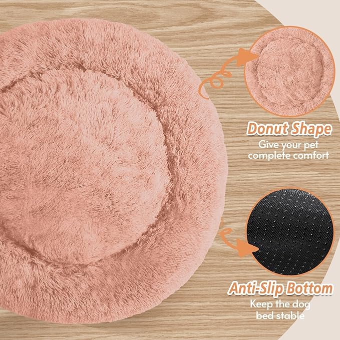 JOLLYVOGUE Small Dog & Cat Beds for Indoor Cats, Donut Cuddler Warming Soft Dog Beds with Anti-Slip Bottom, Round Calming Fluffy Plush Faux Fur Cushion Bed for Medium Dogs (31", Peach Pink)