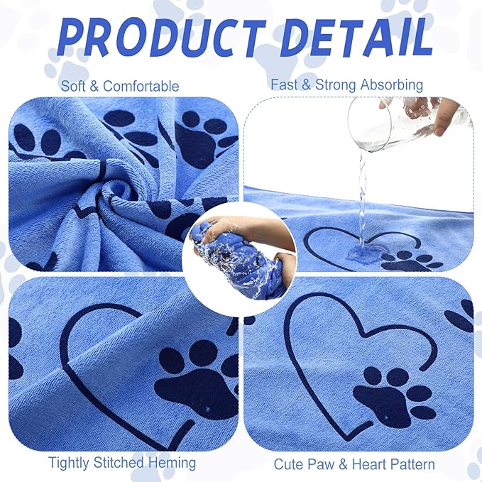 4 Pcs Dog Bath Towels Microfiber Drying Dog Towel Absorbent Pet Heart Paw Towels for Medium Dogs Puppy Cats Pets Shower(Blue, Yellow, Pink, Apple Green)