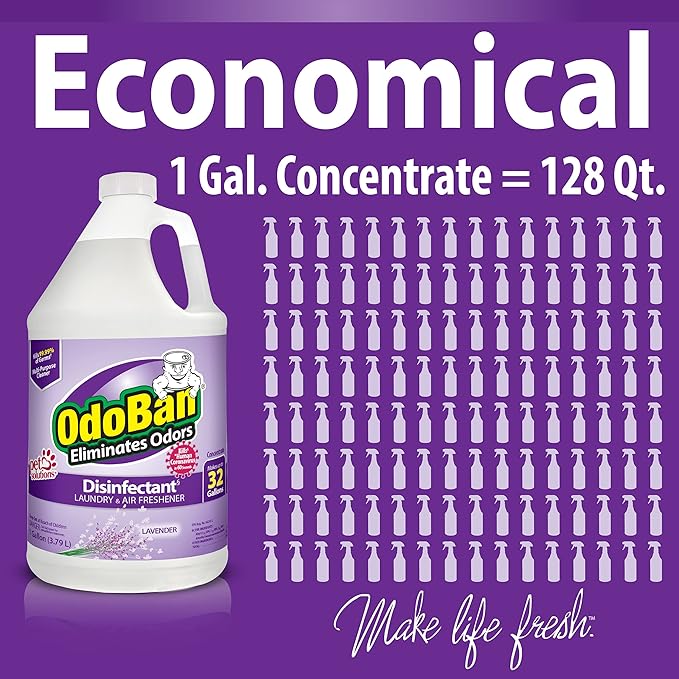 OdoBan Ready-to-Use Disinfectant and Harsh Aroma Eliminator, Set of 2, 14.6 Ounce 360-Degree Continuous Spray Fabric/Air Freshener and 1 Gallon Multi-Purpose Cleaning Concentrate, Lavender Scent