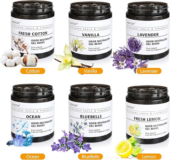 6 Pack Odor Eliminator Gel Beads, 6 kinds of fragrance Clear Air Freshener Made with Essential Oils - Eliminates Odors in Bathrooms, Cars, Boats, RVs & Pet Areas