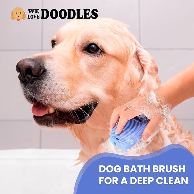 Bath Brush for Pet Grooming & Massage - Rubber Scrubbing Brush for Showers, Ideal for Long & Short Haired Dogs and Cats, Essential Puppy Accessory, Long Pins [We Love Doodles]