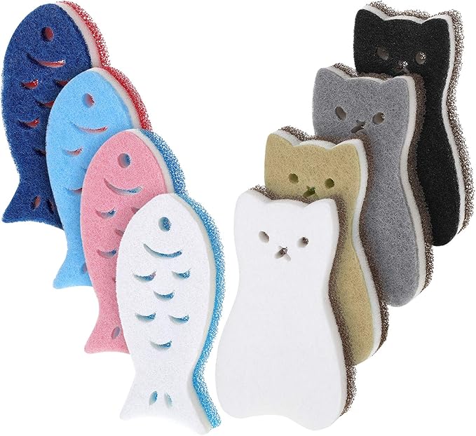 8 Pieces Kitchen Scrub Sponges Cat Fish Cleaning Sponge Dishwashing Scrubber Non-Scratch Multi-Use Sponges for Dishes Pots Pans Sinks