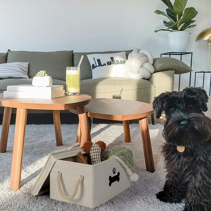 Dog Toy Basket with Lid, Dog Basket for Toys, Dog Toy Box with Cotton Rope Handles, Collapsible Storage Bins for Dog Toys, Dogs Storage Organizer, Beige