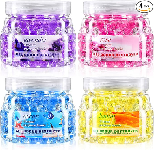 4 Pack Odor Eliminator Gel Beads, 11 Ounce Air Freshener, Eliminates Odor in Bathrooms, Cars, Boats, Rvs and Pet Areas, Lemon, Sea, Rose, Lavender Aroma(Lemon, Sea, Rose, Lavender Aroma)