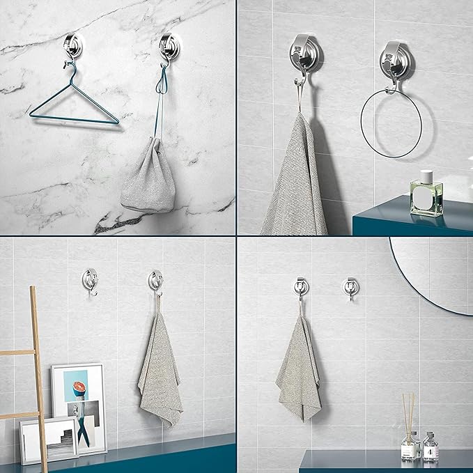 Heavy Duty Vacuum Suction Cup Hooks, Silver Plated Polished Super Suction for Kitchen Bathroom, 6 Pack