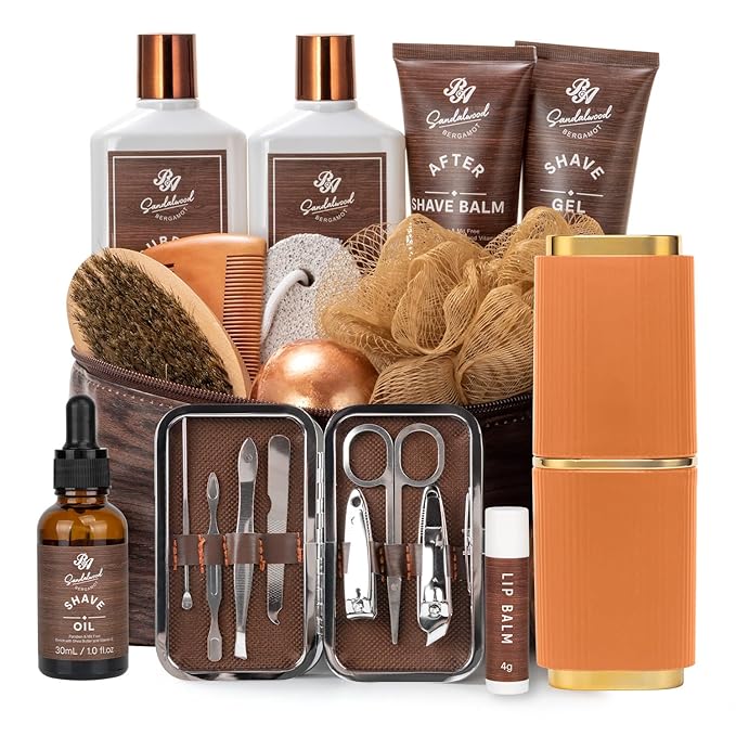Bath Gift Set & Beard Kit with Leather Bag, 21pcs Sandalwood Bergamot Home Spa Kit, Relaxing Men's Body Wash Gift Basket & More for Christmas, Birthday, Father's Day Gift, Dad, Boyfirend, Husband