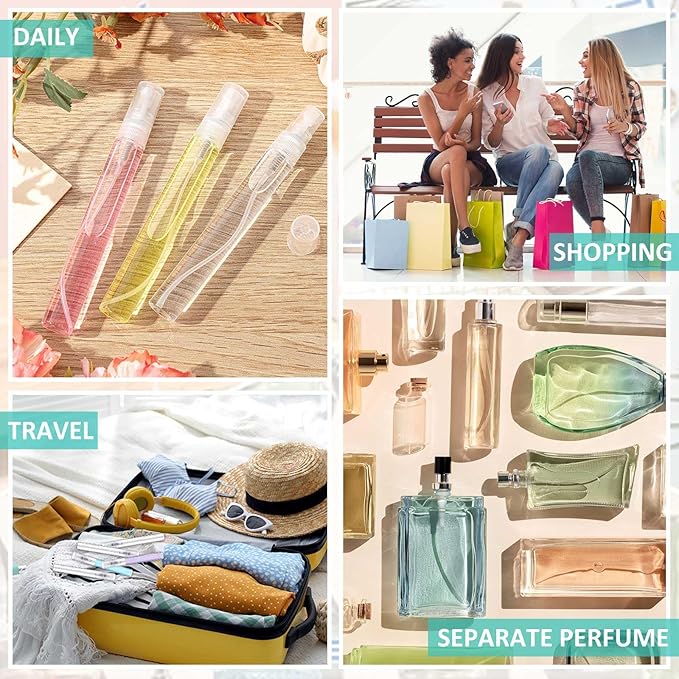 Zhehao 50 Pcs Mini Spray Bottles 10 ml Clear Glass Perfume Bottles Refillable Fine Mist Perfume Atomizer Portable Empty Sample Containers for Cleaning, Essential Oils, Travel (Clear Cap)