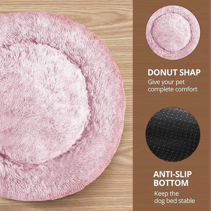 JOLLYVOGUE Small Dog & Cat Beds for Indoor Cats, Donut Cuddler Warming Soft Dog Beds with Anti-Slip Bottom, Round Calming Fluffy Plush Faux Fur Cushion Bed for Large Dogs (36", Smoke Pink)