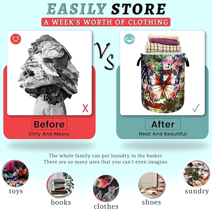 Beautiful Butterfly American Flag Laundry Basket Foldable Oxford Cloth Laundry Hamper With Handle Portable Clothes Storage Basket 18.9 X 16.5 Inch Storage Bag For Laundry Room/Bathroom/Bedroom