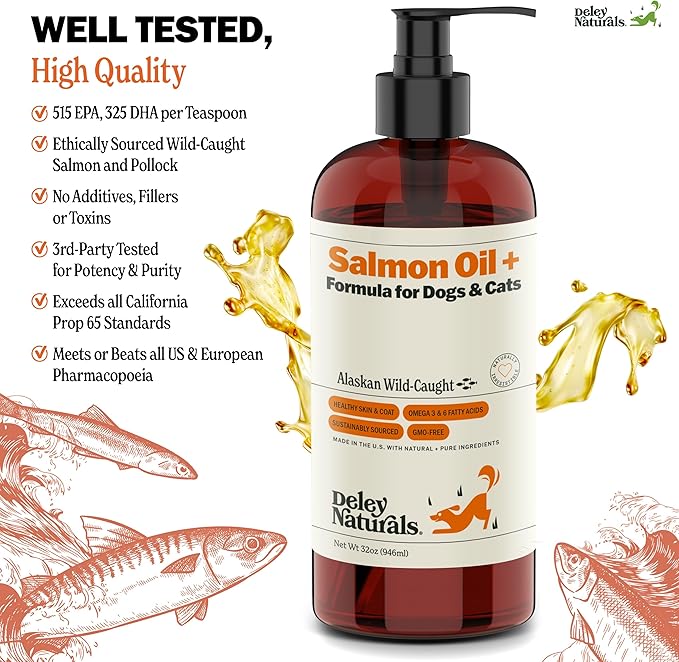 Deley Naturals Wild Alaskan Salmon Oil for Dogs - New & Improved Salmon Oil Plus Formula - Fish Oil for Dogs with DHA EPA Omega 3 & 6 Fatty Acids - Omega 3 Fish Oil for Skin & Coat - 32oz Made in USA