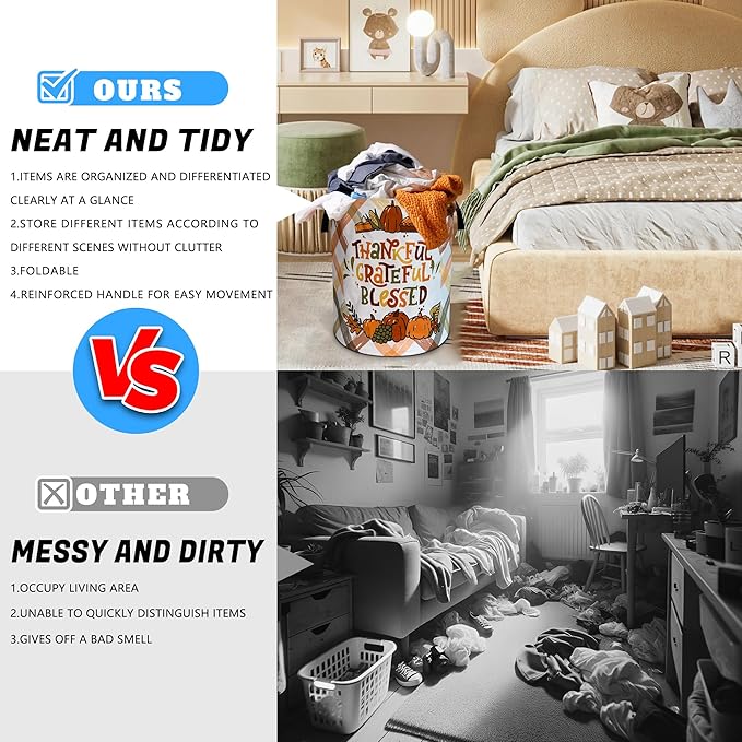 Thankful Grateful Blessed Laundry Basket Oxford Cloth Laundry Hamper With Handle Foldable Portable Clothes Storage Basket 18.9 X 16.5 Inch Storage Bag For Laundry Room/Bathroom/Bedroom/Dormitories