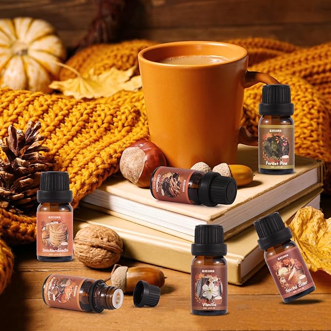 Autumn Fragrance Oils Set, AVEOIRA Fall Essential Oil Set for Diffuser, Candle, Soap Making, Pumpkin Spice, Forest Pine, Spiced Cider, Cinnamon, Vanilla, Snickerdoodle, Scented Oils, 6x10ml
