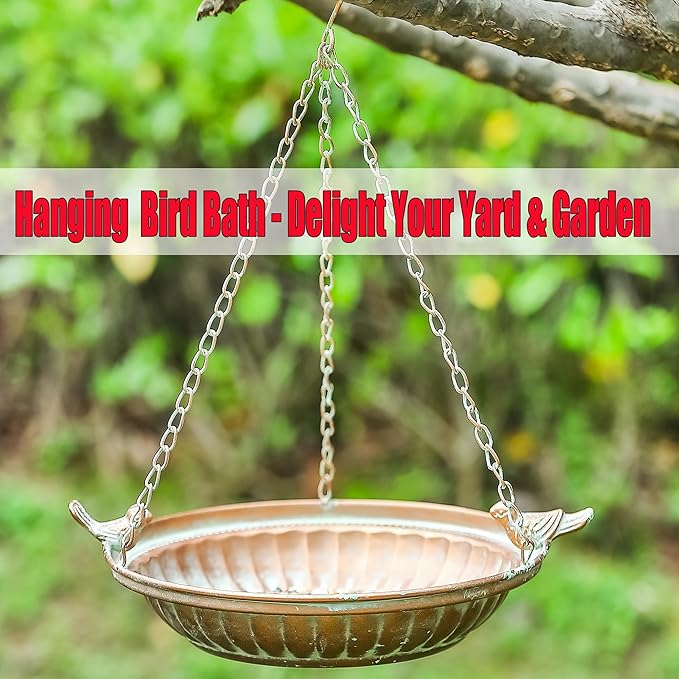 Iron Hanging Bird Baths for Outdoors - Copper Color Hanging BirdBath Basin - Bird Feeder Bowl Plate Tray for Outside Garden Patio Decoration - 11 Inches