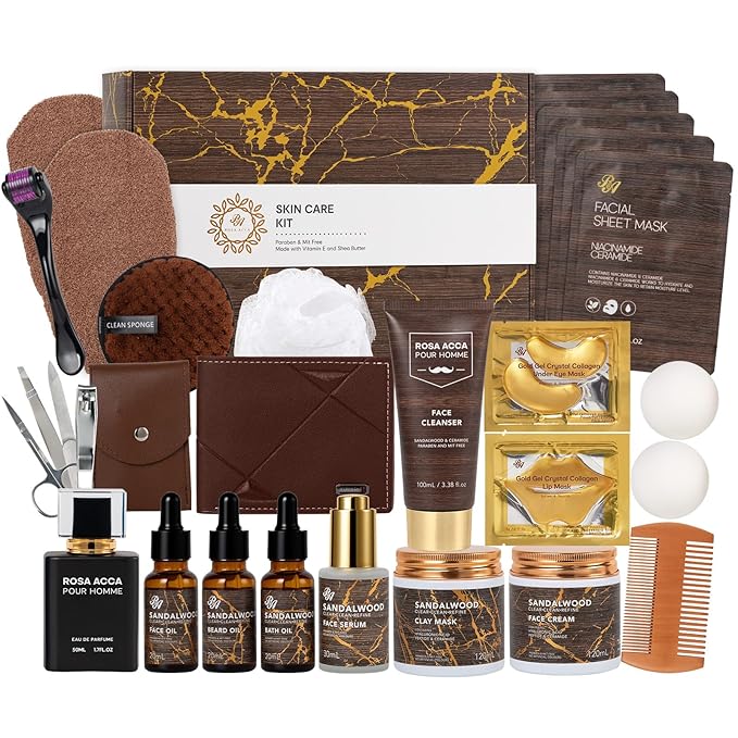 Christmas Gifts for Men, 30 Pcs Men Sandalwood Beard Grooming Set, Facial Skin Care Set, Bath & Body Gift Kit, Face Cleanser, Bath Bomb, Serum, Birthday, Valentines, Father Day, Husband, Holiday
