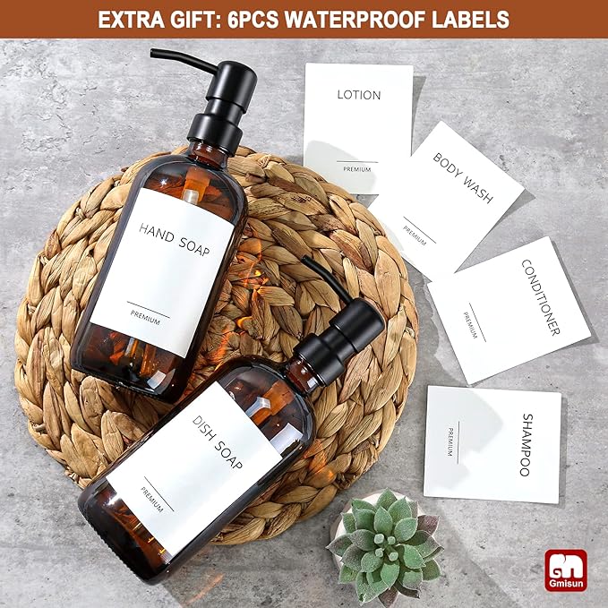 GMISUN Amber Glass Soap Dispenser, 2 Pack Bathroom Hand Soap Dispensers with Stainless Steel Pump, 17 Fl Oz Kitchen Hand and Dish Soap Dispenser Set, Modern Vintage Liquid Brown Soap Dispensers Bottle