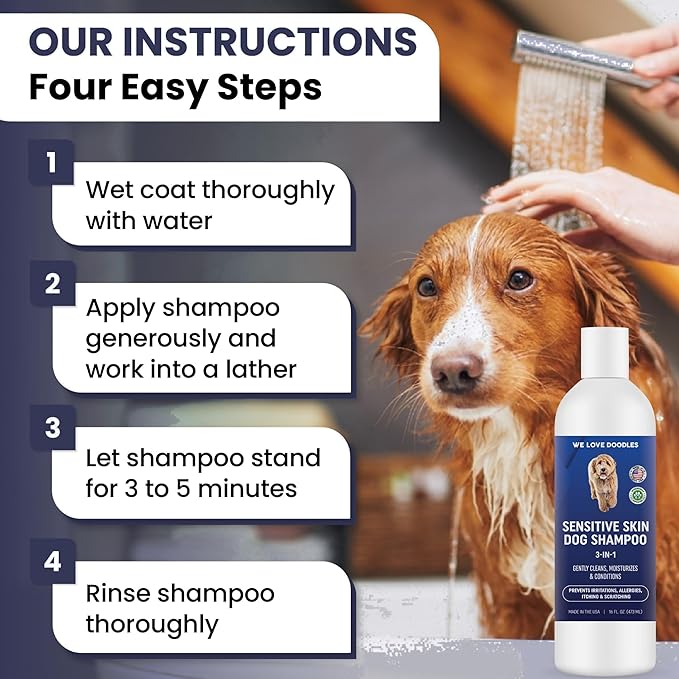 We Love Doodles Premium 3-in-1 Sensitive Skin Dog Shampoo and 2 Pack Bath Brush - for Allergies, Itching, Scratching, Made in USA, Pet Rubber Brush for Shower Scrubbing & Soothing Massage