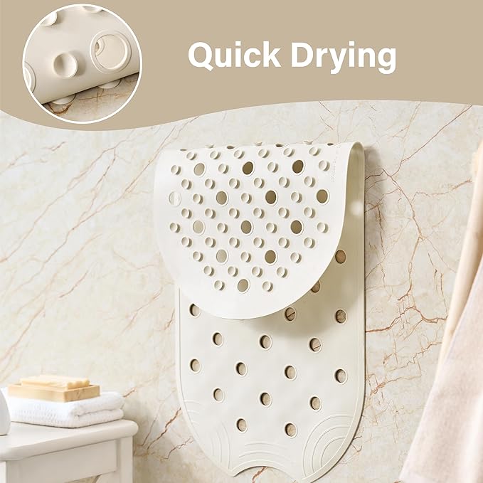 Rubber Bathtub Mat Shower Mat Non-Slip, 31x14 Inch, Bath Tub Floor Mat with Suction Cups and Drainage Holes, Ivory White
