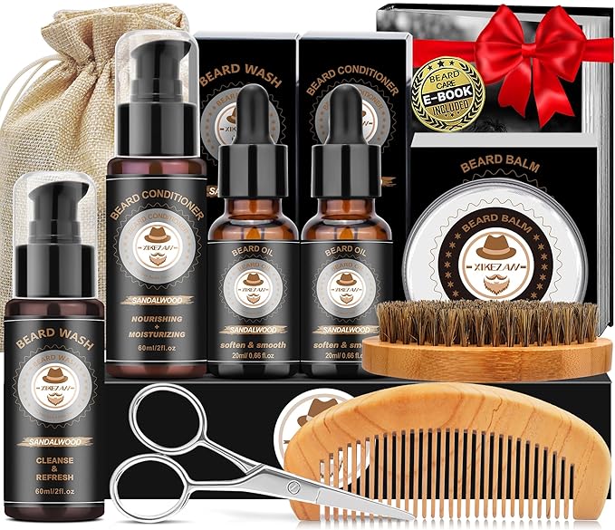 XIKEZAN Beard Kit for Men Care & Trimming Sets with 2 Pack Beard Oils Sandalwood, Wash, Conditioner, Balm, Brush, Comb & Scissors, Christmas Valentines Birthday Gifts for Dad,Stocking Stuffers for Men
