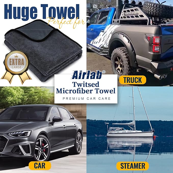 Airlab Microfiber Towels for Cars Wash Drying Extra Large Super Absorbent Cleaning Cloth Auto Detailing Ultra Soft, Lint-Free, Streak-Free, 35 x 24 Inch, Pack of 1, Grey-Black, 600 GSM