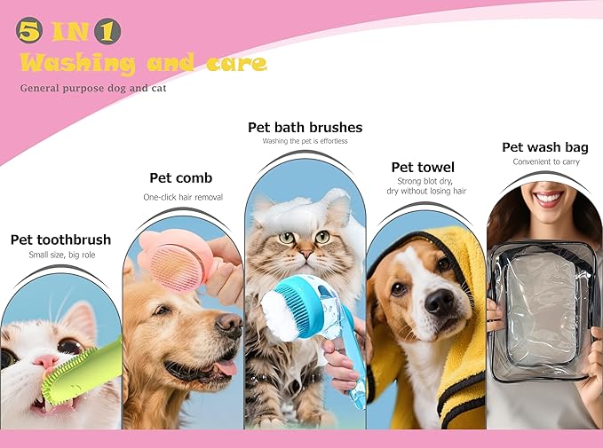 Dog Bath Brush 5 in 1 Grooming Kit - with Detachable Shampoo Dispenser & Dental Finger Cots, Gentle Pet Wash Tool for Dogs Puppies Cats, No-Slip Grip (Blue, Pink, Black)