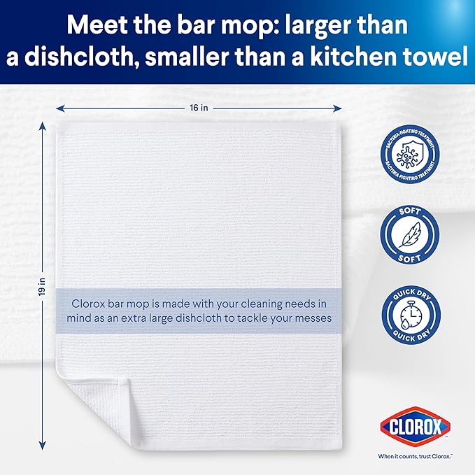 CLOROX Ribbed Bar Mops - 100% Cotton Quick Dry Extra Large Dishcloths - Absorbent Multipurpose Cleaning Cloths for Restaurants, Kitchen, Bathroom, Hotel - 16" x 19" - White 6 Pack