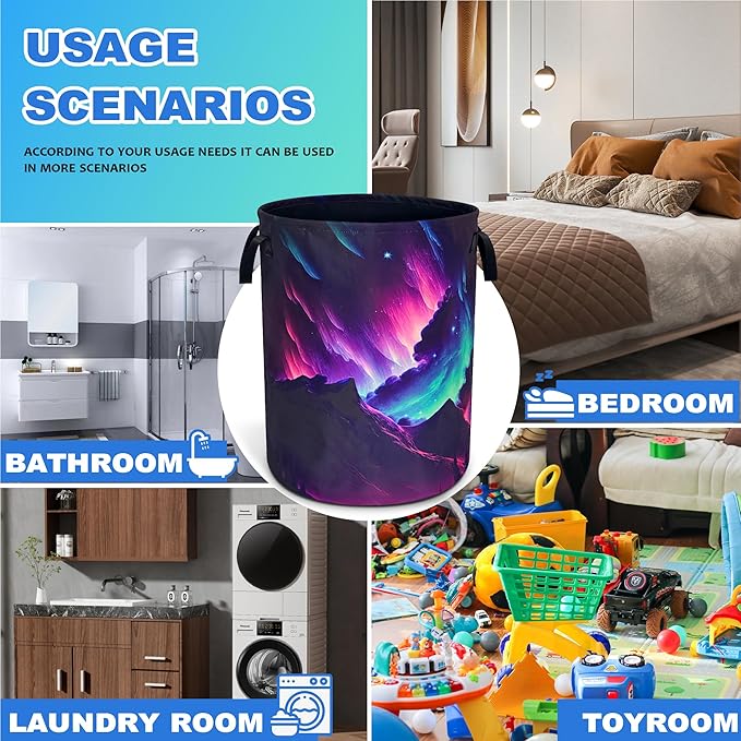 Beautiful Aurora Mountain Laundry Basket Oxford Cloth Laundry Hamper With Handle Foldable Portable Clothes Storage Basket 18.9 X 16.5 In Storage Bag For Laundry Room/Bathroom/Bedroom/Dormitories