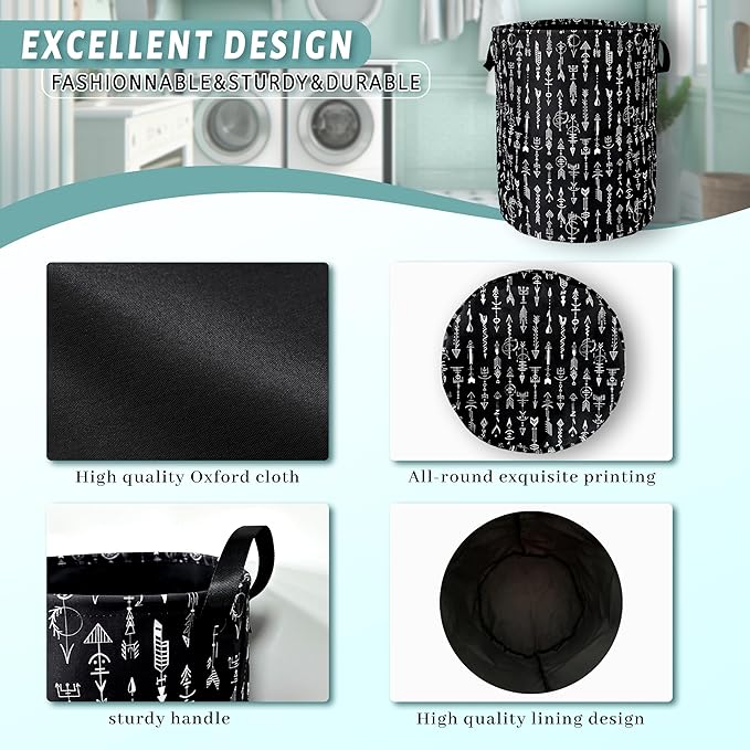 Black White Adventure Arrow Laundry Basket Foldable With Handles Tote Bag Oxford Cloth Funny Laundry Hamper Clothes Storage Bucket Toy Organizer 18.9" x 16.5" For Bathroom/Laundry/Bedroom