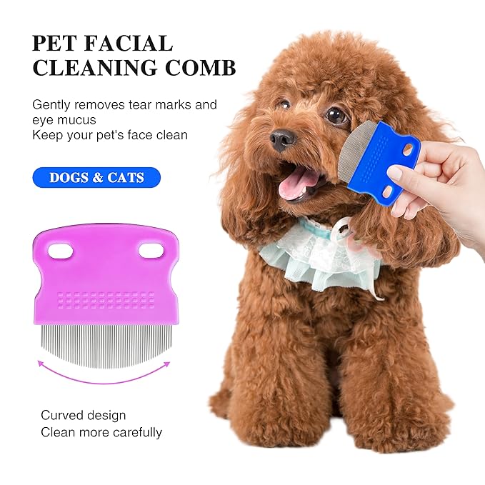 2 Pack Professional Eye Comb For Pets,Stainless Steel Tear Stain Remover,Flea Lice Comb,For Cats & Dogs,Gentle Round-Head Grooming Tool,Precisely Removes Stains, Dirt And Debris From The Eye Area