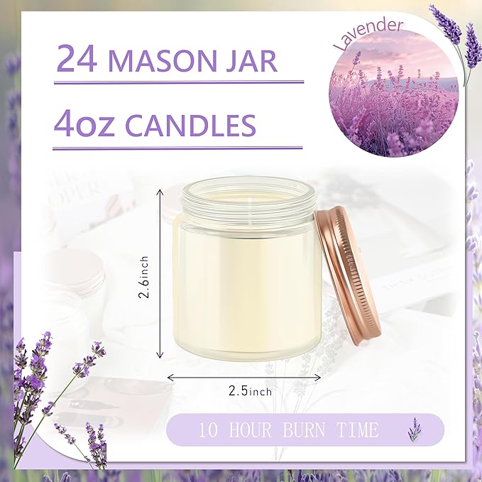24 Pcs 4 Oz Mason Jar Candles, Lavender Scented Soy Candles Bulk Set for Stress Relief and Relaxation, Great Favors for Wedding, Christmas, Housewarming Gifts (Pink-Lavender, 24)