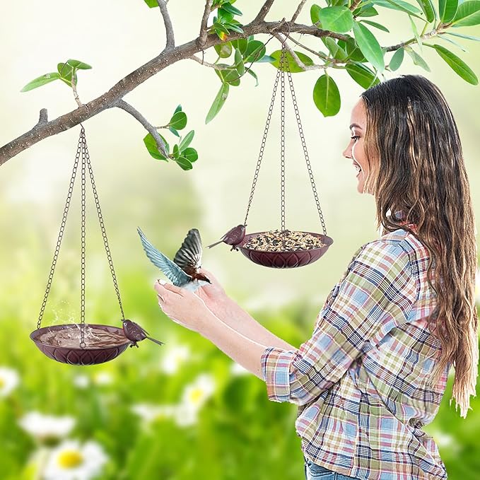2 Pack Hanging Bird Bath for Outdoors, Metal Birds Feeder & Water Bowl with Chains and S-Hooks, Garden Birdbath Tray for Patio Porch, Tree Branch, Backyard Yard Decor (Rustic Brown)