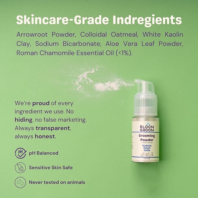 Grooming Powder – Waterless Dry Shampoo for Dogs | Deodorizing & Anti-Itch Coat Refresher | Talc-Free, Non-Toxic, Made in USA Dog Deodorizer with Colloidal Oatmeal & Aloe – 1.52 oz