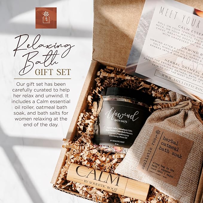 Soulistic Root Revitalizing Bath Set – Wellness Products with Tranquil Essential Oil Roller, Oatmeal Lavender Soak, Epsom Salts with Essential Oils, Ready-to-Gift Premium Box, Ideal Holiday Spa Gift