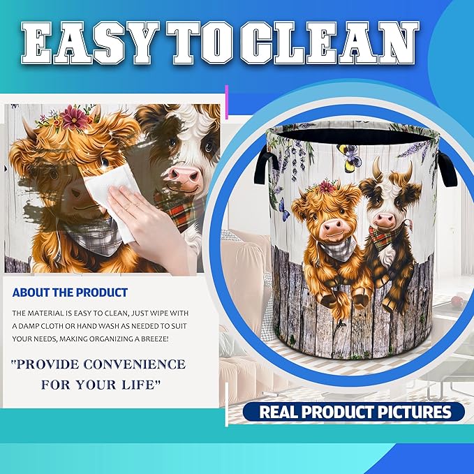 Highland Cow Laundry Basket Cute Calf Oxford Cloth Laundry Hamper With Handle Foldable Portable Clothes Storage Basket 18.9 X 16.5 Inch Storage Bag For Laundry Room/Bathroom/Bedroom/Dormitories