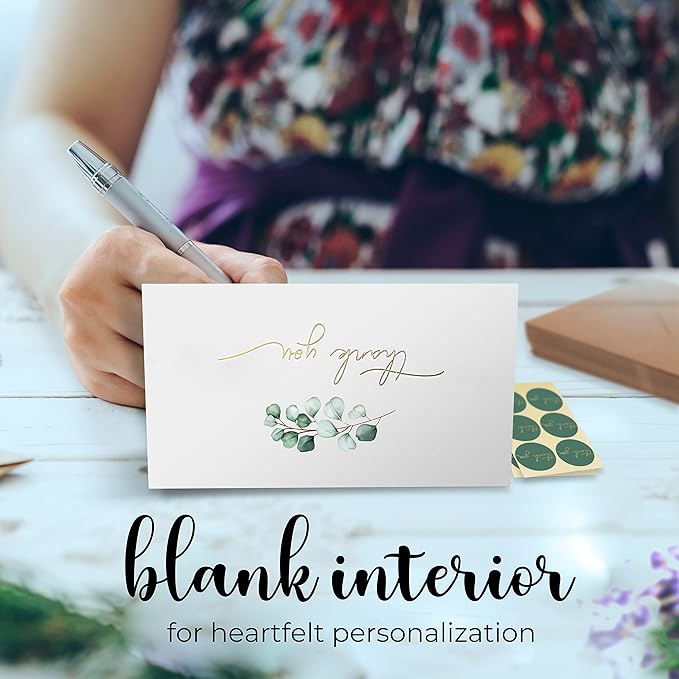100 Heavyweight Blank Thank You Cards with Envelopes for a Personal Touch, Eucalyptus Thank You Card for Any Occasion, Wedding, Bulk Pack Card with Envelopes & Stickers (3.7 x 5.1 Inches) (100 Pack)