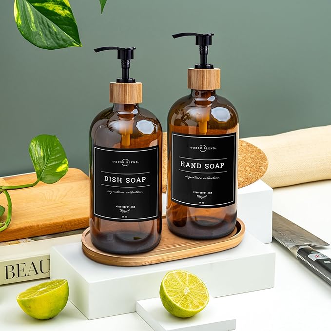 Vine Creations Amber Glass Soap Dispenser Set - Kitchen Soap Dispenser Set with Tray - Bamboo Dish Soap and Hand Soap Dispensers Set for Bathroom - Modern Kitchen Decor with Waterproof Labels