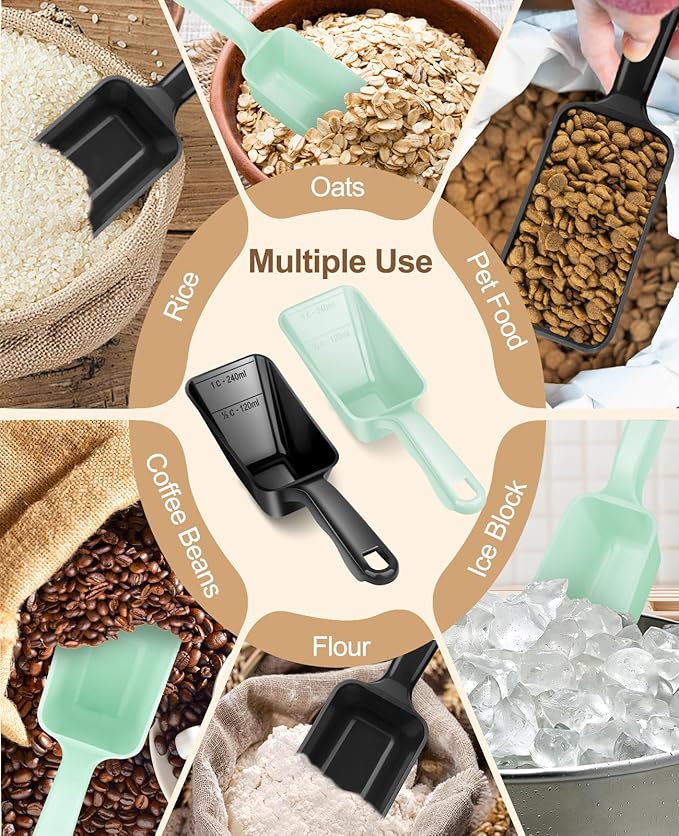 2-Pack Dog Food Scoop 1 Cup, Plastic Pet Food Measuring Scoop With Measuring Lines (1/2 & 1 Cup Markings) for Dogs, Cats, Fish, Bird（Black and Green)
