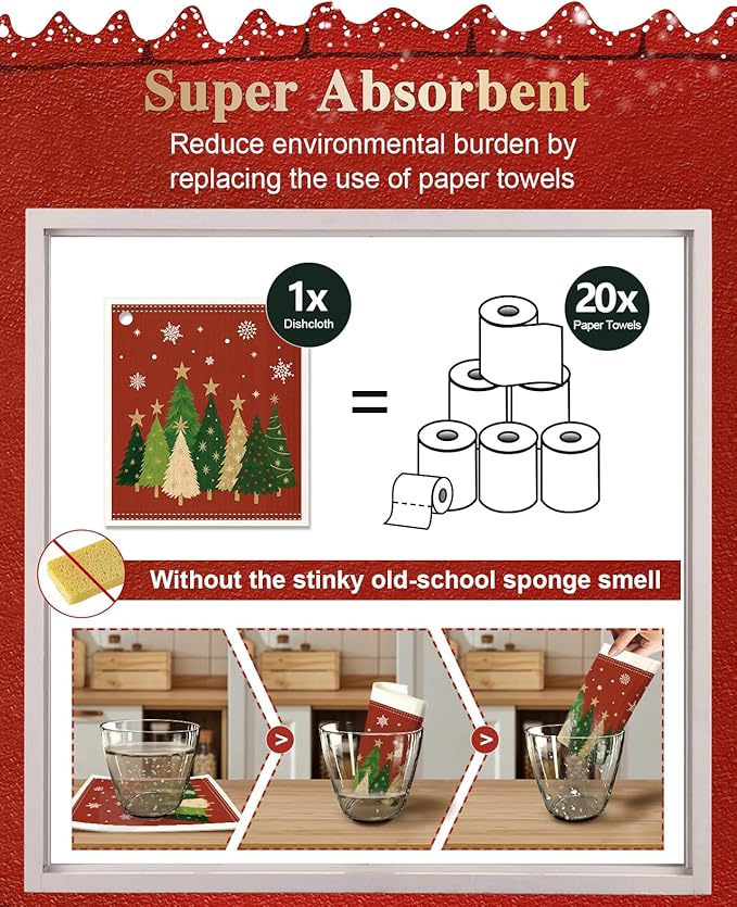 6 Pack Christmas Swedish Dishcloths for Kitchen - Reusable Dish Cloths for Washing Dishes Absorbent Cute Holiday Kitchen Towels Cleaning Sponge, Red Xmas Theme