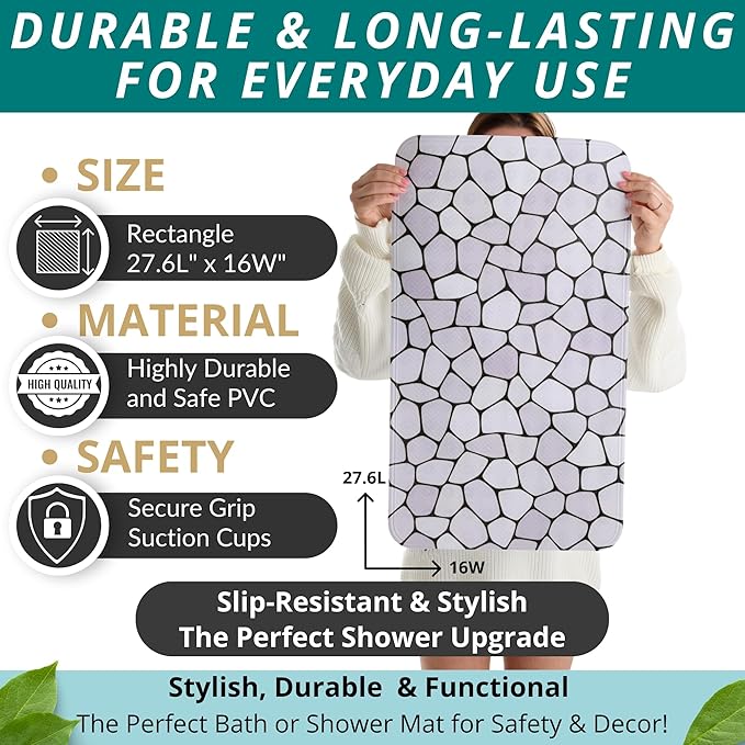 ENKOSI Bath Mat for Tub and Shower Floors - Non Slip Shower Mat – Anti Slip Bathtub Mat with Strong Suction Cup Grip – Soft, Pebble Print Bathroom Mat for Inside Bath and Showers (28x16 Pebble)