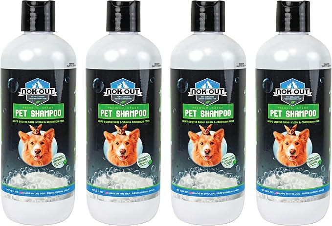 NOK OUT Premium Grade Pet Shampoo for Dogs and Cats, Veterinary Strength and Odor Eliminator Formula, Made in the USA, 20 Ounce Bottle, 4-Pack
