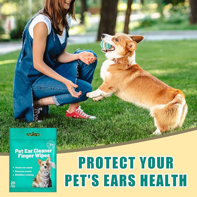 Portable Dog Ear Cleaner Wipes Grooming Kit Care for Dogs & Cats Pet Ear Relief Gently Remove Ear Wax Debris and Smelly 20 Pcs Unscented