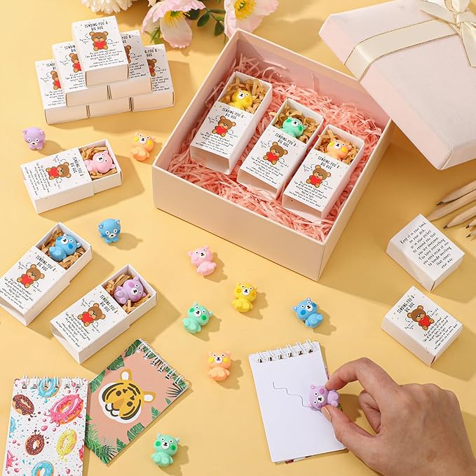 24 Set Employee Appreciation Gifts Bulk Coworkers Thank You Desk Pets Holiday Small Cute Emotional Support Resin Ornaments Card Box for Women Men Adults Office (Bear Eraser)