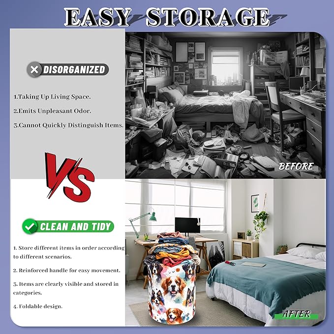 Watercolor Dogs Print Laundry Hamper Oxford Cloth Animals Paws Funny Dogs Laundry Basket With Handle Portable Clothes Storage Basket Foldable Laundry Bag 18.9"x16.5" For Laundry Room/Bedroom/Bathroom