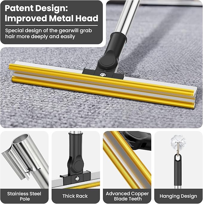 3 in 1 Carpet Rake for Pet Hair Removal, Tool Set of 3, 55” Long Handle Carpet Pet Hair Removal Carpet Scraper Dog Cat Hair Remover for Sofa, Couch, Car, Rug (Black)