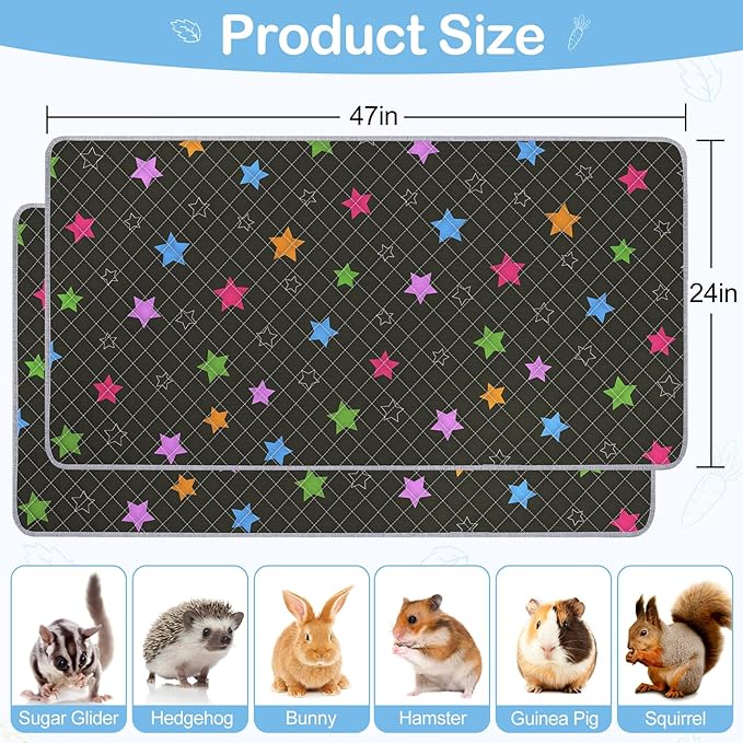 Bienbee Guinea Pig Bedding, 2 Pack 47" x 24" Reusable Guinea Pig Cage Liner Waterproof and Absorbent Small Animal Bedding Washable Guinea Pig Pee Pads for Small Pet Hamster Rabbit Squirrel, Black