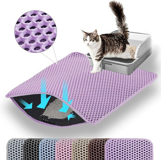 Small Cat Litter Mat, 20x14’’ Double Layer Honeycomb Cat Litter Box Mat, Non Slip Waterproof Urine Proof Litter Trapping Mat for Floor, Kitty Litter Pad, Indoor Pet Supplies, Purple