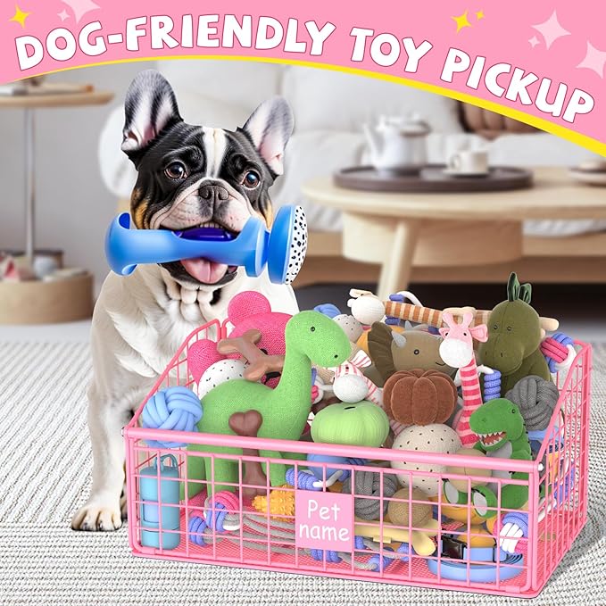 Indestructible Dog Toy basket, Medium Toy Box for Dogs,Pet Toy Bin Dog Metal Basket for Toys, Toy Storage Organizer, Living Room Area (Pink)